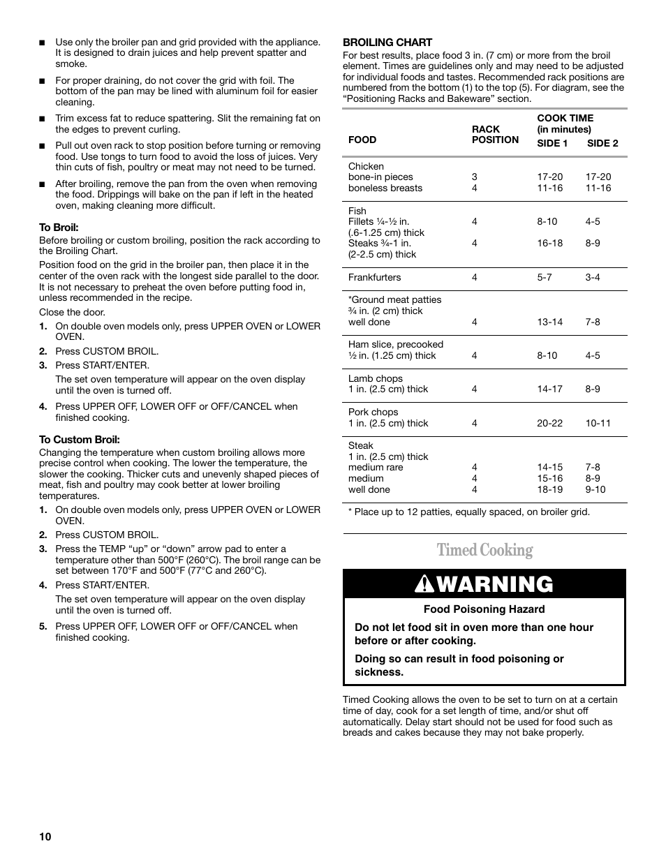 Warning, Timed cooking | Whirlpool YRBS275 User Manual | Page 10 / 16