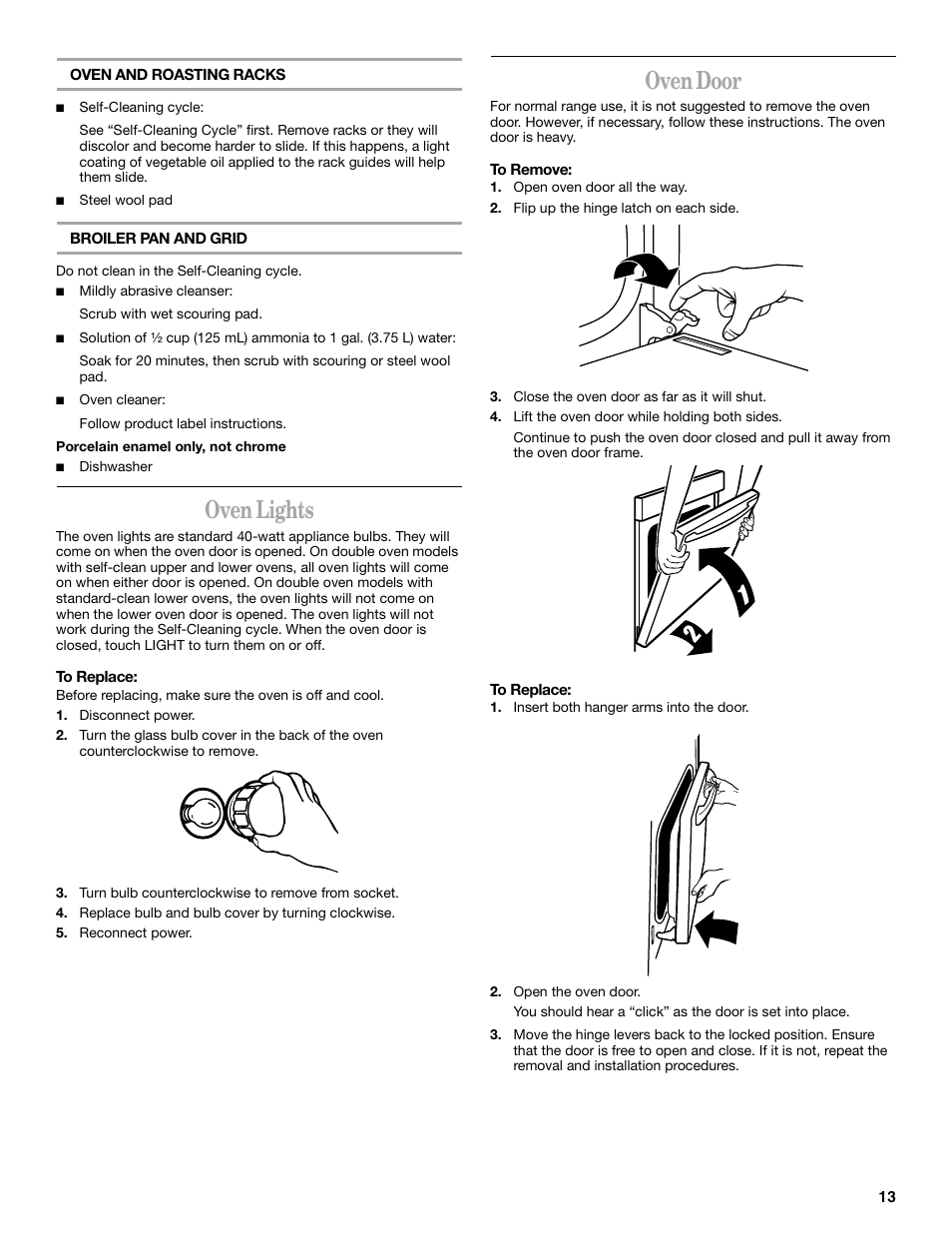 Oven lights, Oven door | Whirlpool YRBS275 User Manual | Page 13 / 16