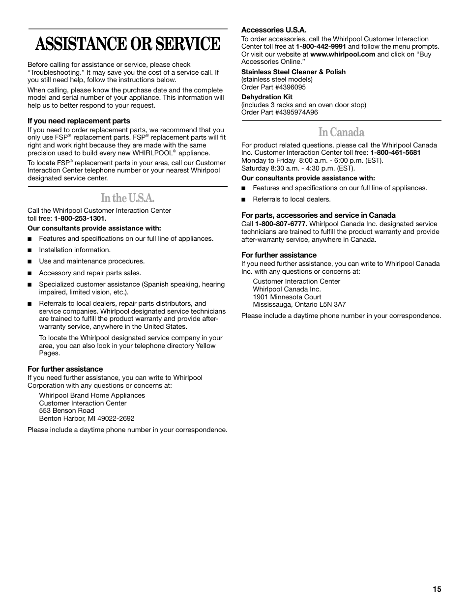 Assistance or service | Whirlpool YRBS275 User Manual | Page 15 / 16