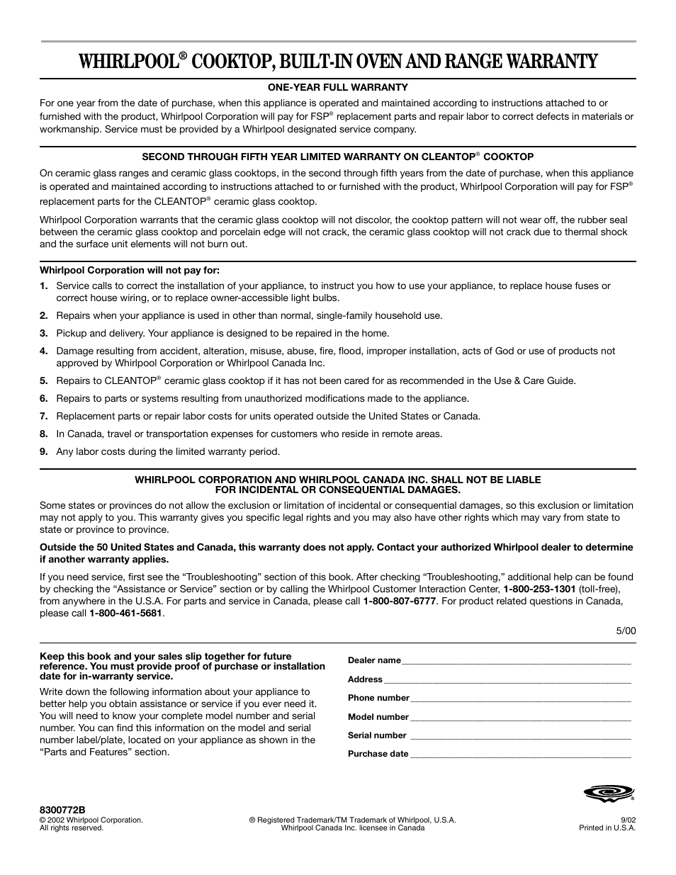 Warranty, Whirlpool, Cooktop, built-in oven and range warranty | Whirlpool YRBS275 User Manual | Page 16 / 16