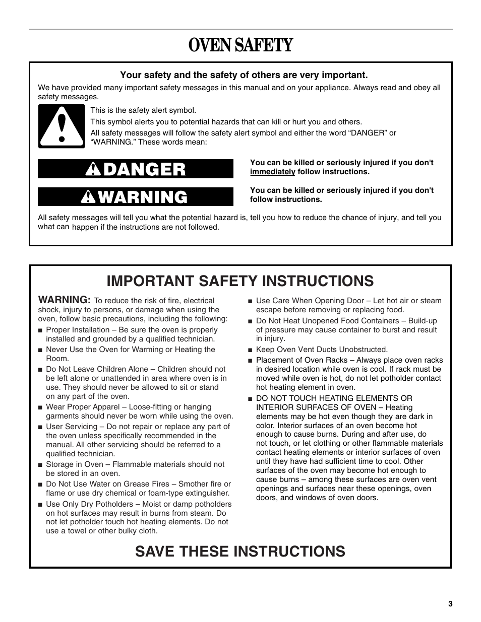 Oven safety, Save these instructions, Important safety instructions | Warning | Whirlpool YRBS275 User Manual | Page 3 / 16