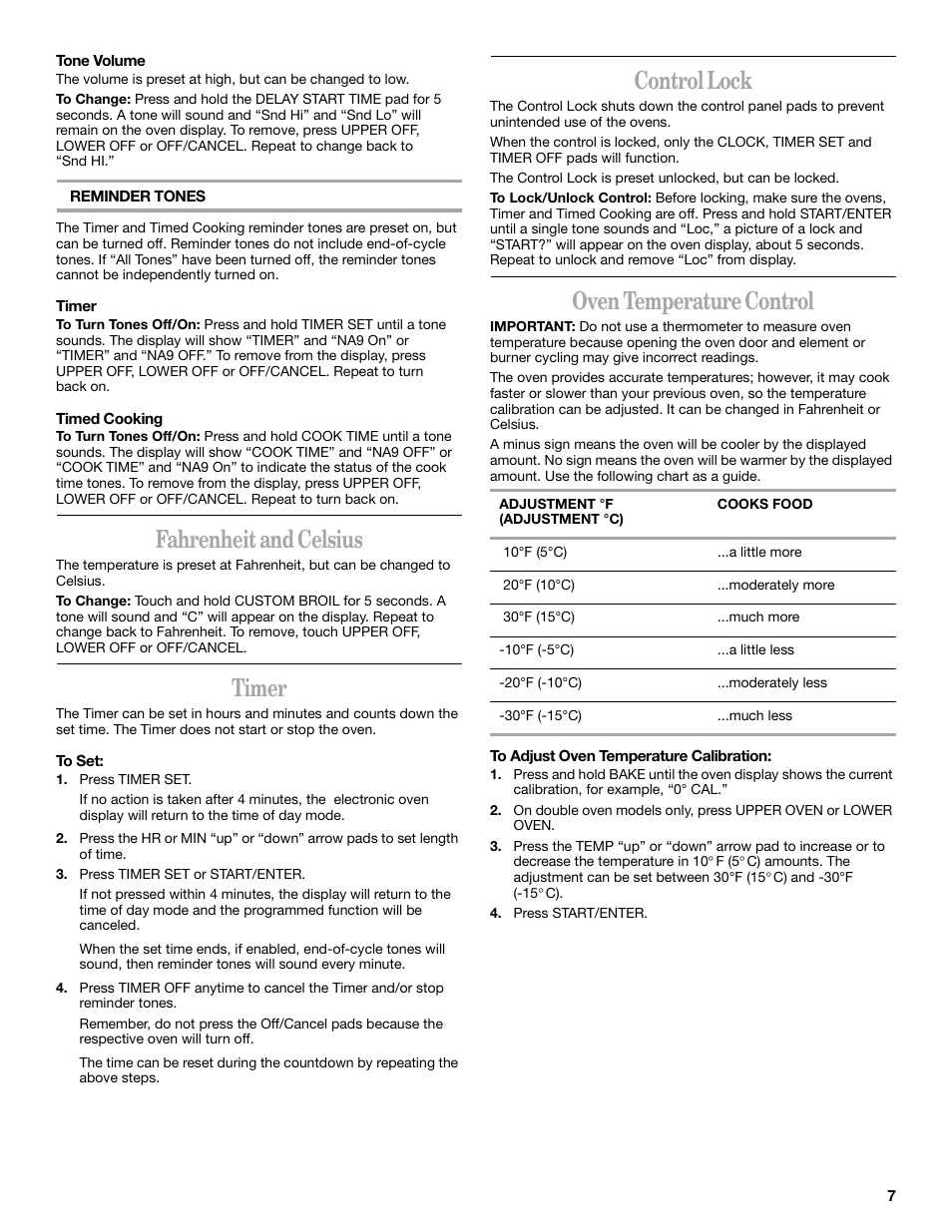 Fahrenheit and celsius, Timer, Control lock | Oven temperature control | Whirlpool YRBS275 User Manual | Page 7 / 16