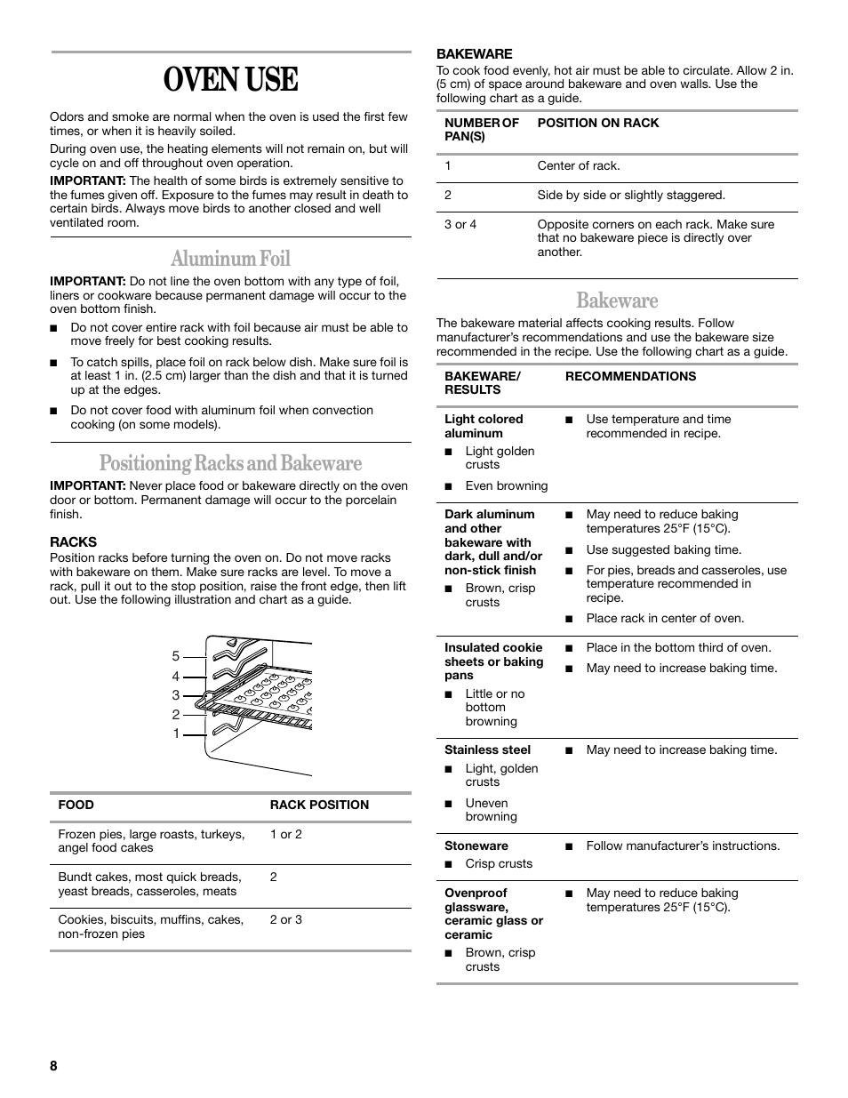 Ovenuse, Oven use, Aluminum foil | Positioning racks and bakeware, Bakeware | Whirlpool YRBS275 User Manual | Page 8 / 16