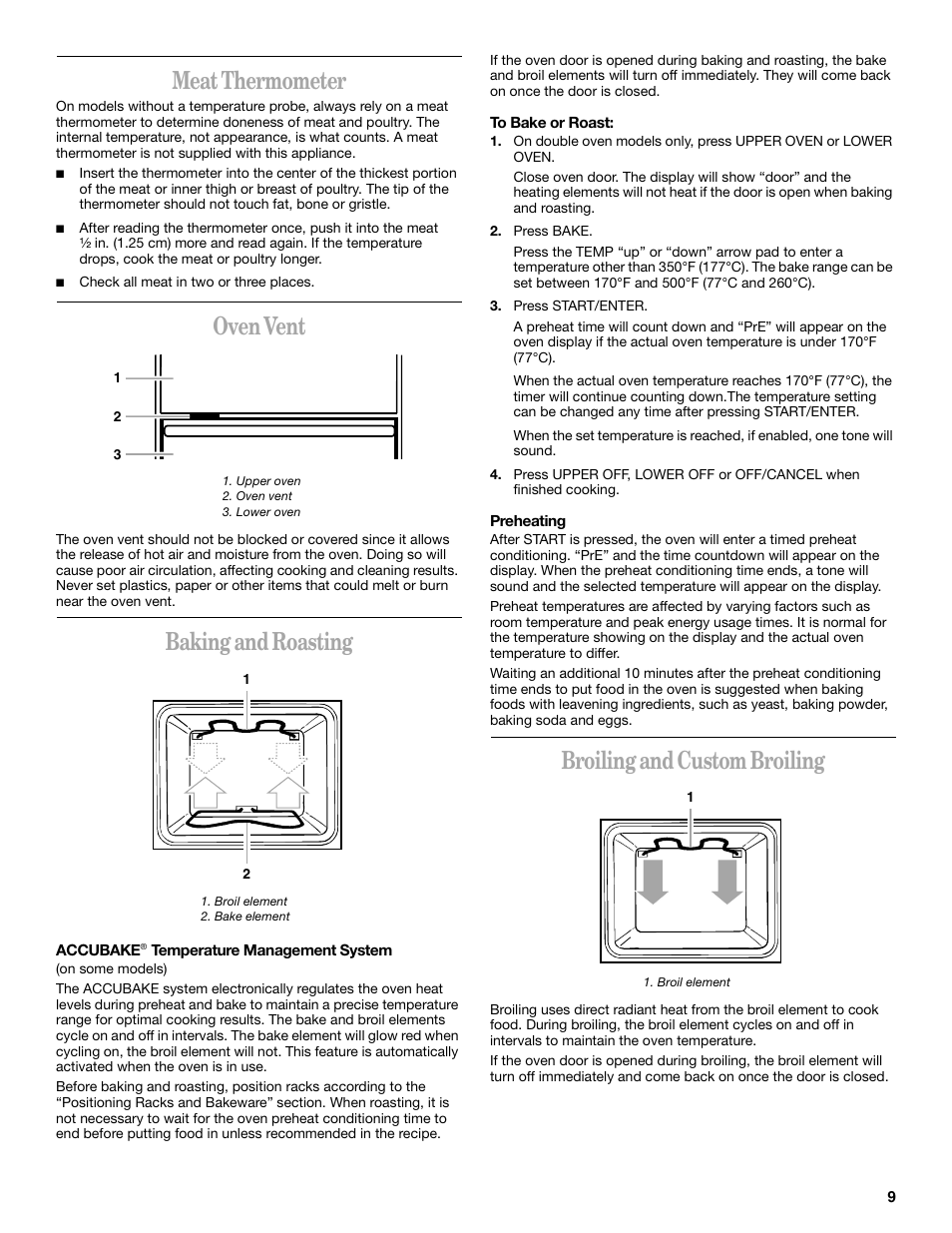 Meat thermometer, Oven vent, Baking and roasting | Broiling and custom broiling | Whirlpool YRBS275 User Manual | Page 9 / 16