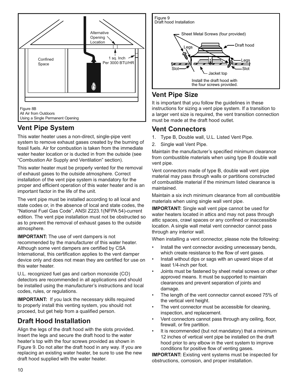 Vent pipe system, Draft hood installation, Vent pipe size | Vent connectors | Whirlpool Residential Gas Water Heater with the Flame Lock Safety System User Manual | Page 10 / 32