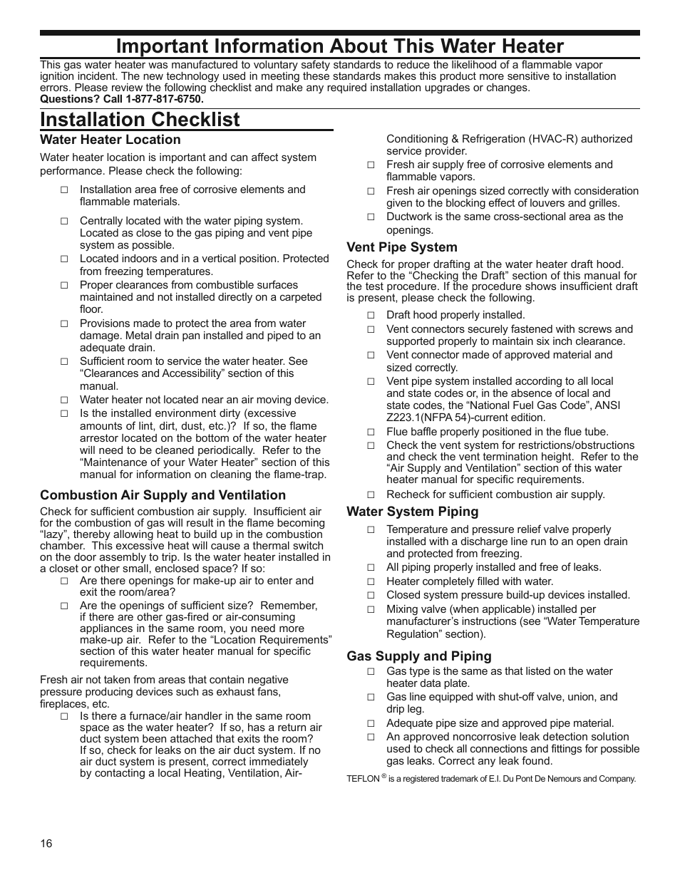 Important information about this water heater, Installation checklist | Whirlpool Residential Gas Water Heater with the Flame Lock Safety System User Manual | Page 16 / 32