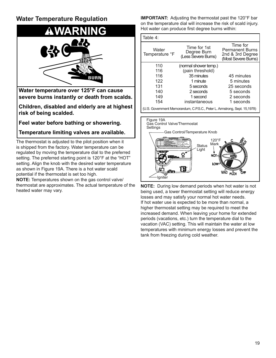 Warning, Water temperature regulation | Whirlpool Residential Gas Water Heater with the Flame Lock Safety System User Manual | Page 19 / 32