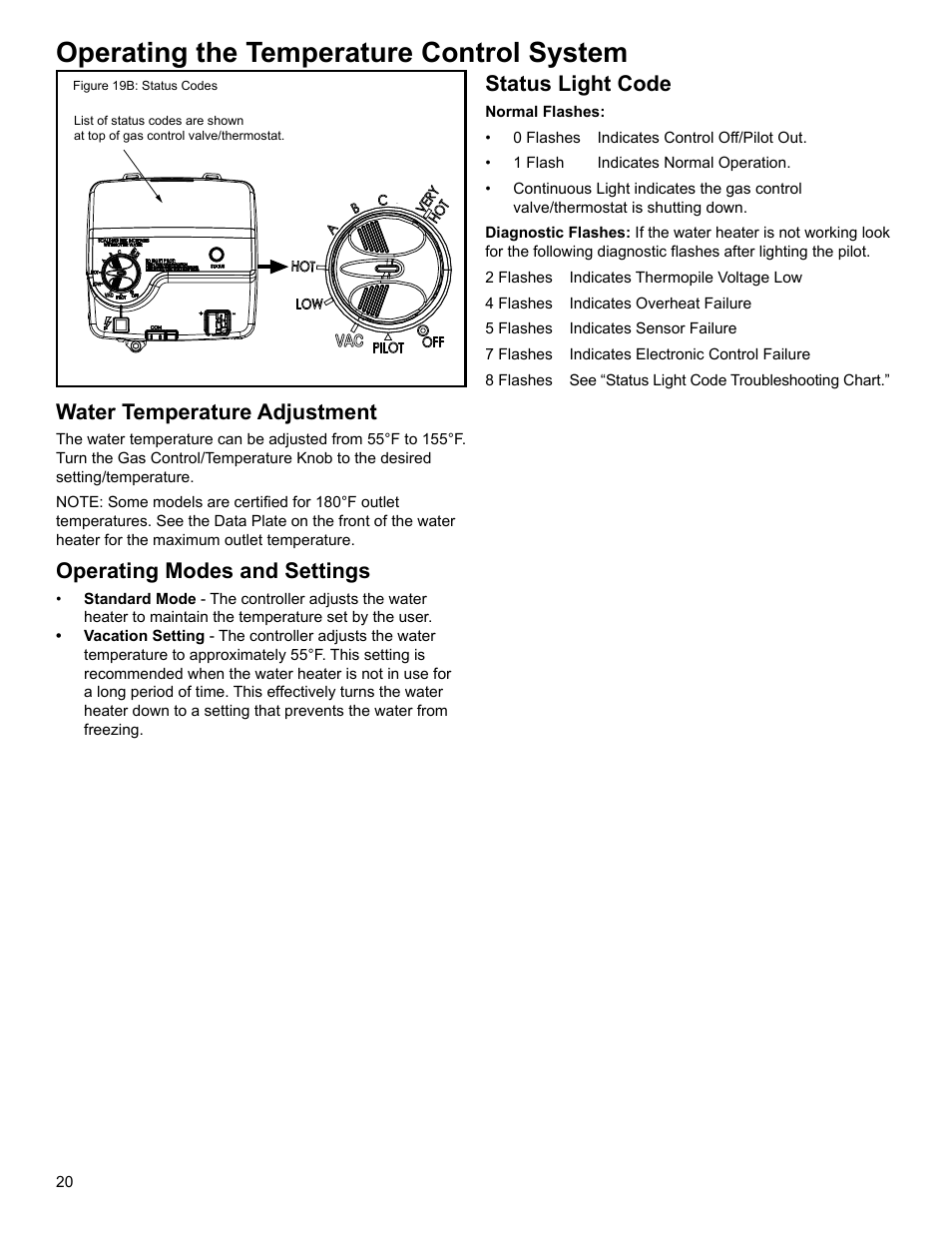 Operating the temperature control system, Water temperature adjustment, Operating modes and settings | Status light code | Whirlpool Residential Gas Water Heater with the Flame Lock Safety System User Manual | Page 20 / 32