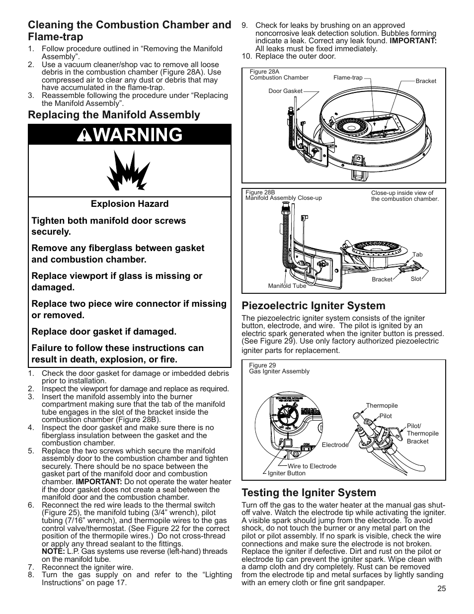 Warning, Piezoelectric igniter system, Testing the igniter system | Replacing the manifold assembly, Cleaning the combustion chamber and flame-trap | Whirlpool Residential Gas Water Heater with the Flame Lock Safety System User Manual | Page 25 / 32