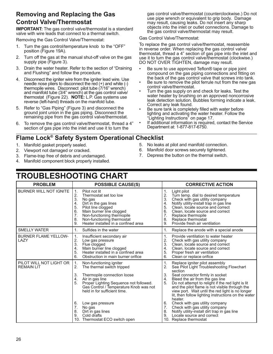 Troubleshooting chart, Flame lock, Safety system operational checklist | Whirlpool Residential Gas Water Heater with the Flame Lock Safety System User Manual | Page 26 / 32