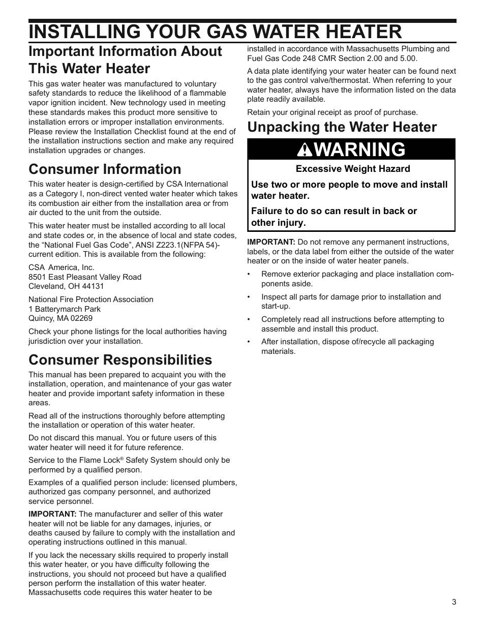 Installing your gas water heater, Warning, Important information about this water heater | Consumer information, Consumer responsibilities, Unpacking the water heater | Whirlpool Residential Gas Water Heater with the Flame Lock Safety System User Manual | Page 3 / 32