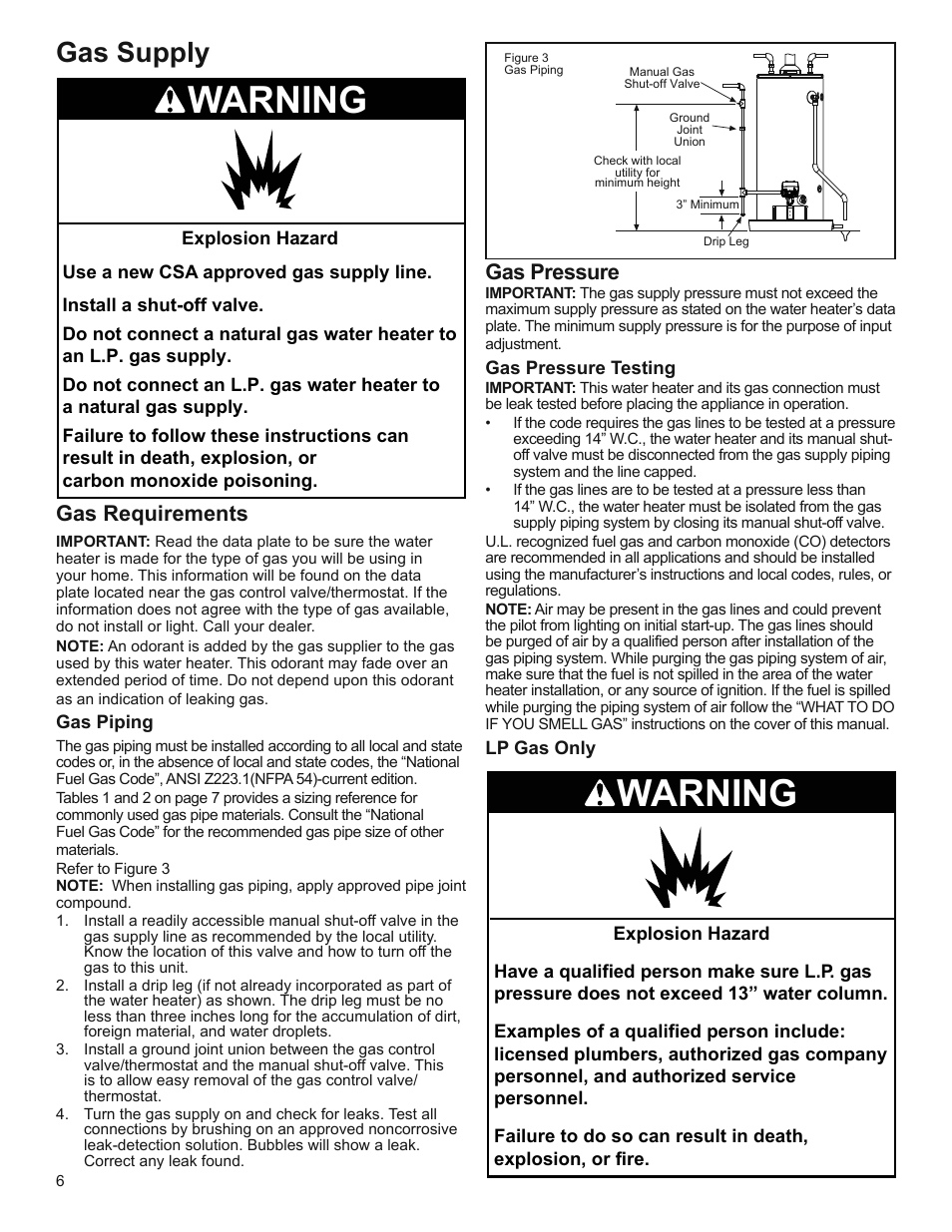 Warning, Gas supply, Gas requirements | Gas pressure | Whirlpool Residential Gas Water Heater with the Flame Lock Safety System User Manual | Page 6 / 32
