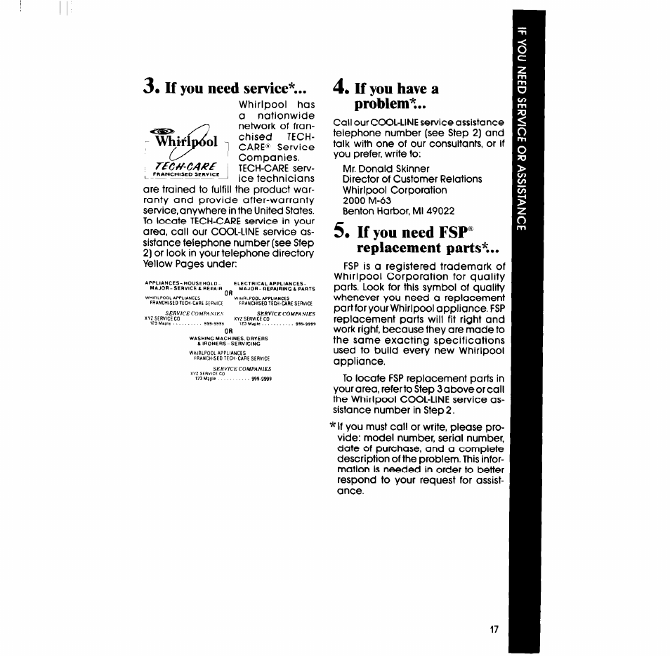 If you need service, If you have a problem, If you need fsp® replaeement parts | Whirlpool RB2000XV User Manual | Page 17 / 20