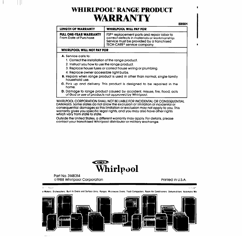 Warranty, Whirlpool, Whirlpool® range product | Whirlpool RB2000XV User Manual | Page 20 / 20