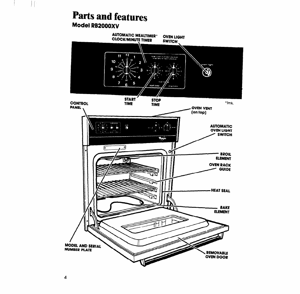 Parts and features, Model rb2000xv | Whirlpool RB2000XV User Manual | Page 4 / 20