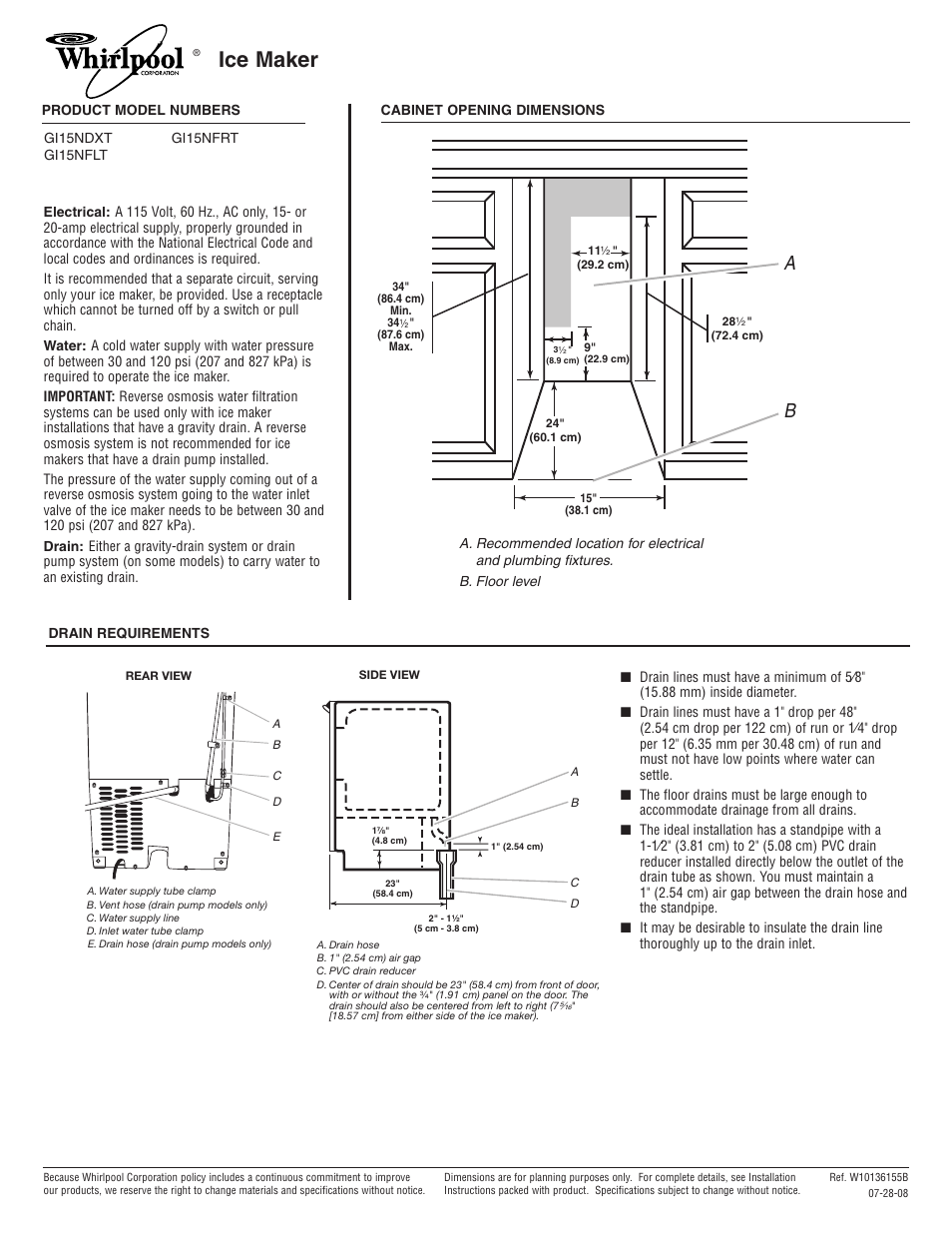 Whirlpool GI15NFLT User Manual | 1 page