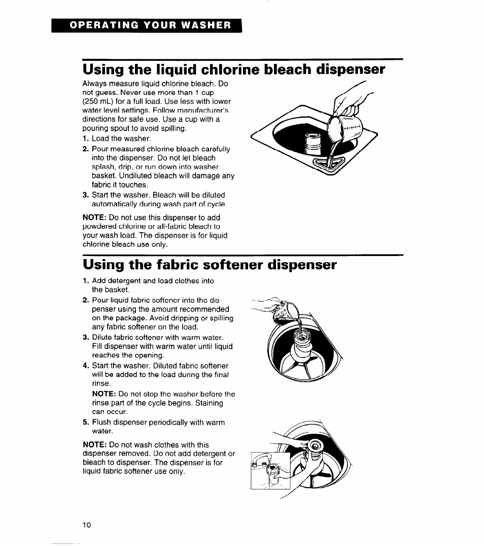 Using the liquid chlorine bleach dispenser, Using the fabric softener dispenser | Whirlpool 3366859 User Manual | Page 10 / 56