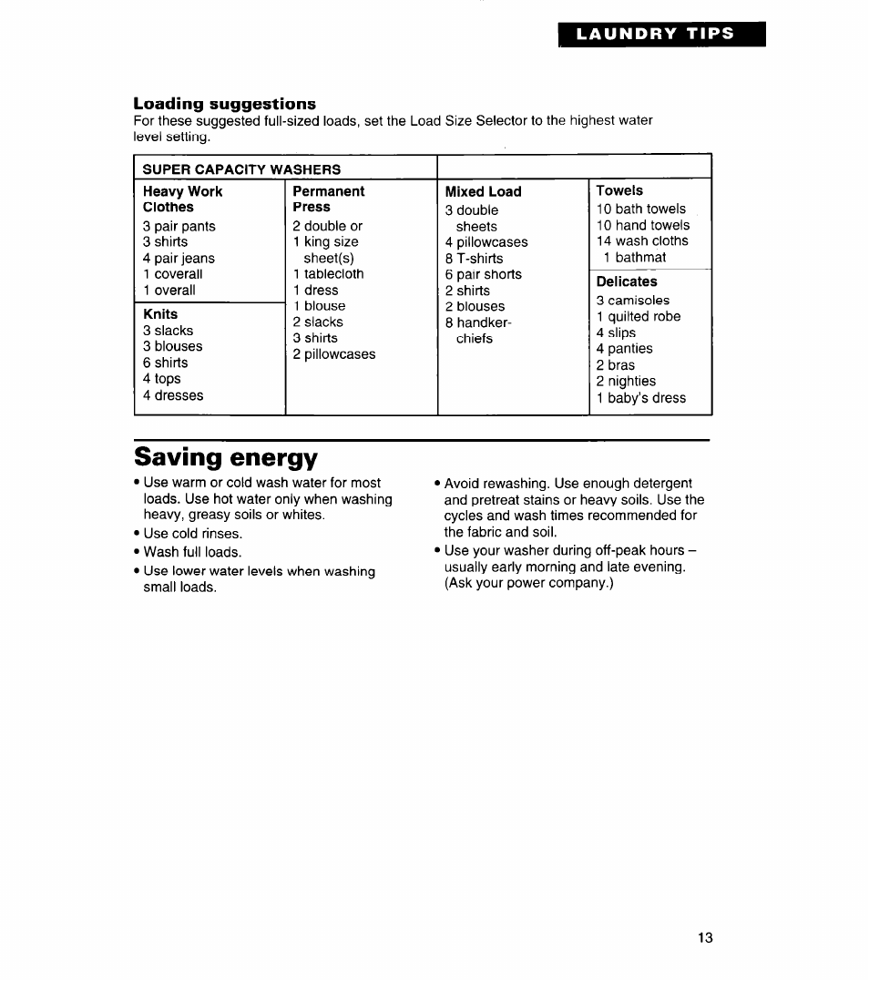 Loading suggestions, Saving energy, Knits | Towels, Delicates | Whirlpool 3366859 User Manual | Page 13 / 56