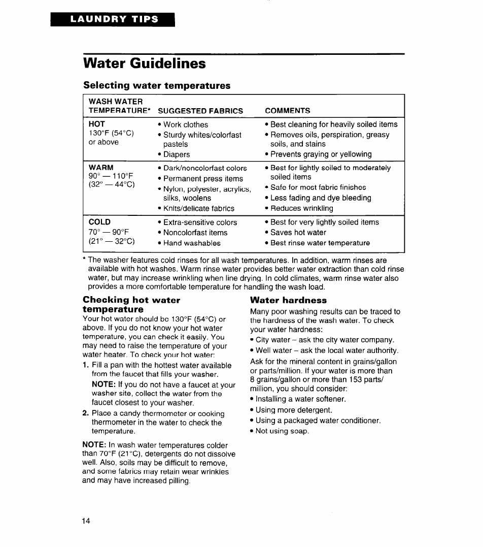 Water guidelines, Selecting water temperatures, Checking hot water temperature | Water hardness, Warm, Cold | Whirlpool 3366859 User Manual | Page 14 / 56