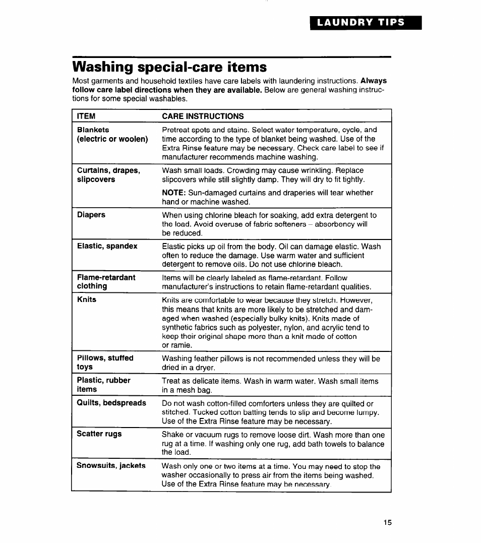 Washing special-care items, Curtains, drapes, slipcovers, Diapers | Elastic, spandex, Flame-retardant clothing, Knits, Pillows, stuffed toys, Plastic, rubber items, Quilts, bedspreads, Scatter rugs | Whirlpool 3366859 User Manual | Page 15 / 56