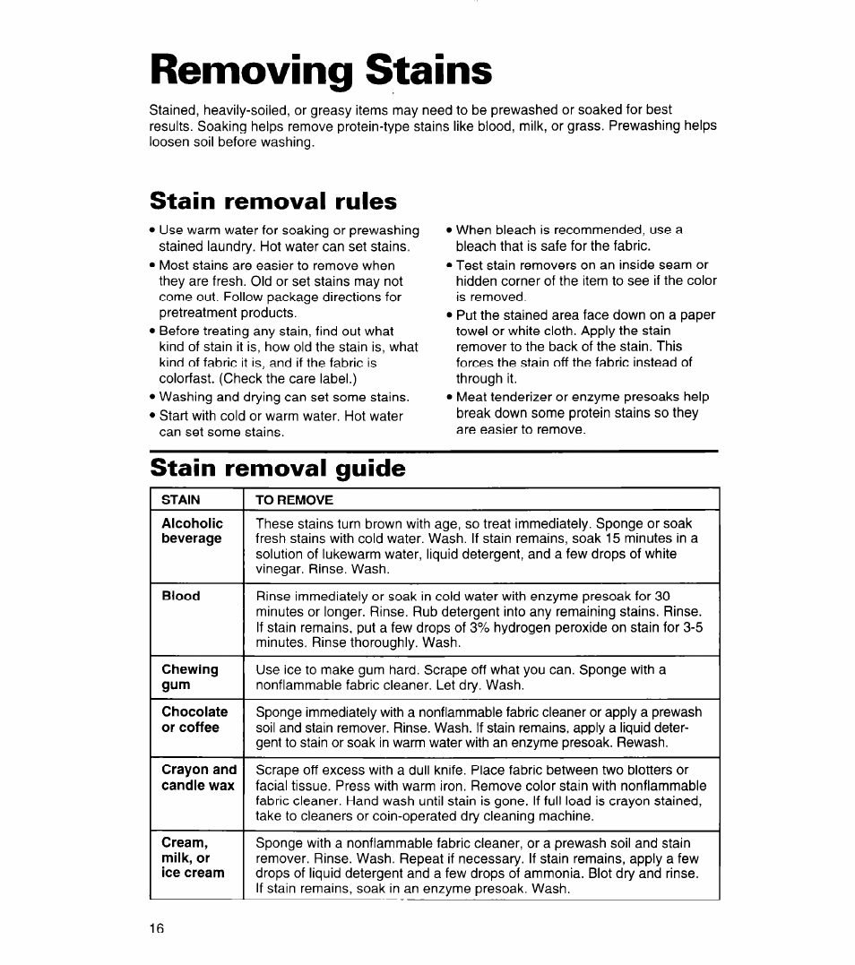 Removing stains, Stain removal rules, Stain removal guide | Stain to remove alcoholic beverage, Blood, Chewing gum, Chocolate or coffee, Crayon and candle wax, Cream, milk, or ice cream | Whirlpool 3366859 User Manual | Page 16 / 56