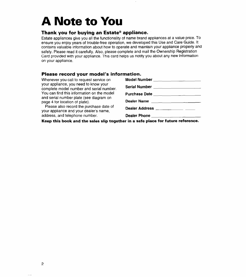 A note to you, Thank you for buying an estate® appliance, Please record your model's information | Whirlpool 3366859 User Manual | Page 2 / 56