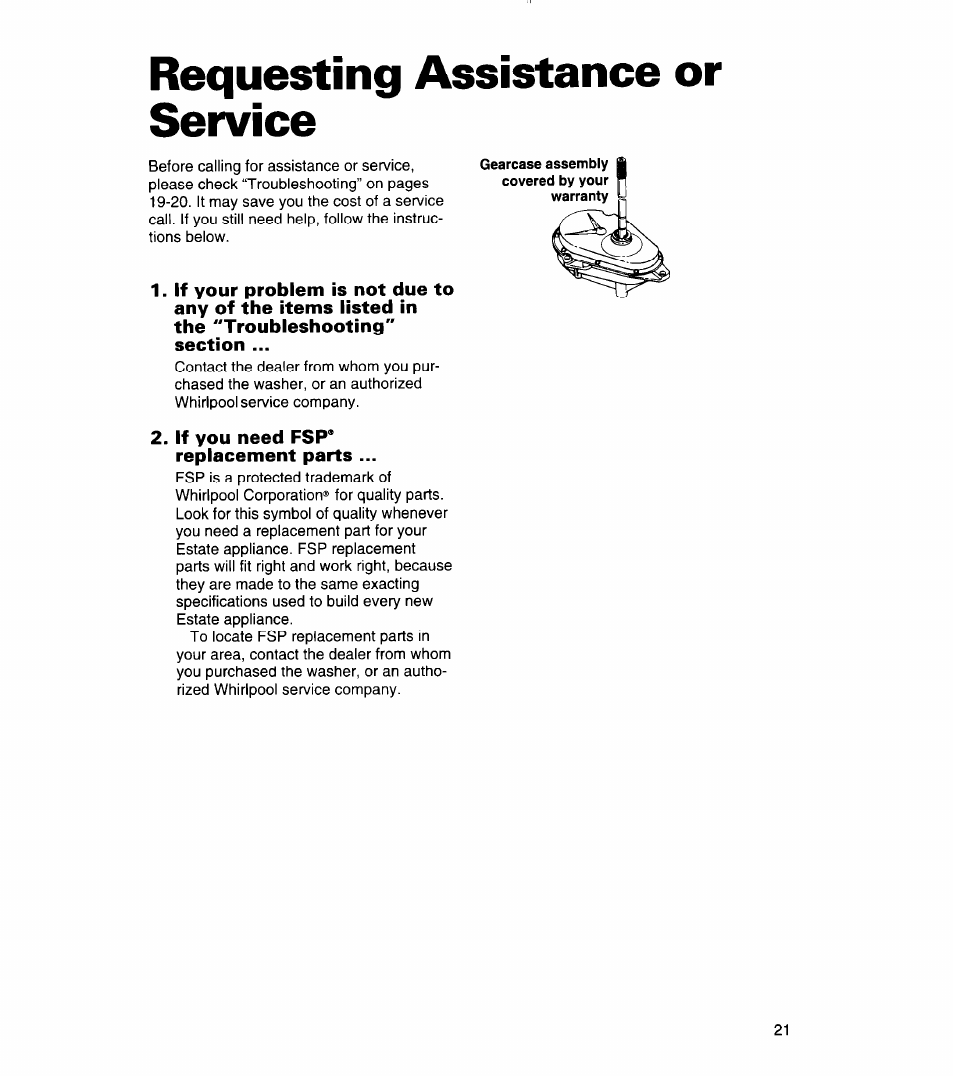 Requesting assistance or service, Requesting assistance, Or service | Whirlpool 3366859 User Manual | Page 21 / 56