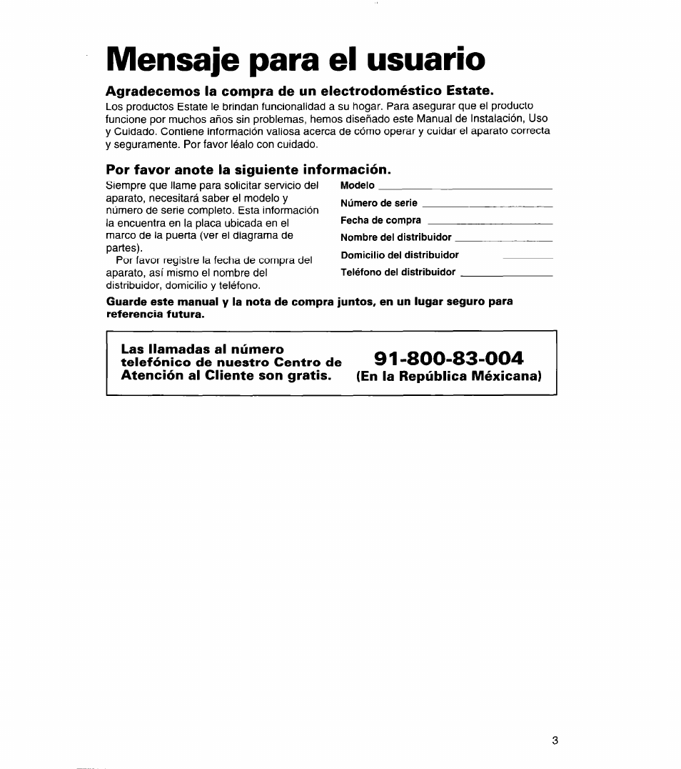 Mensaje para el usuario, Por favor anote la siguiente información, En la república méxicana) | Whirlpool 3366859 User Manual | Page 25 / 56