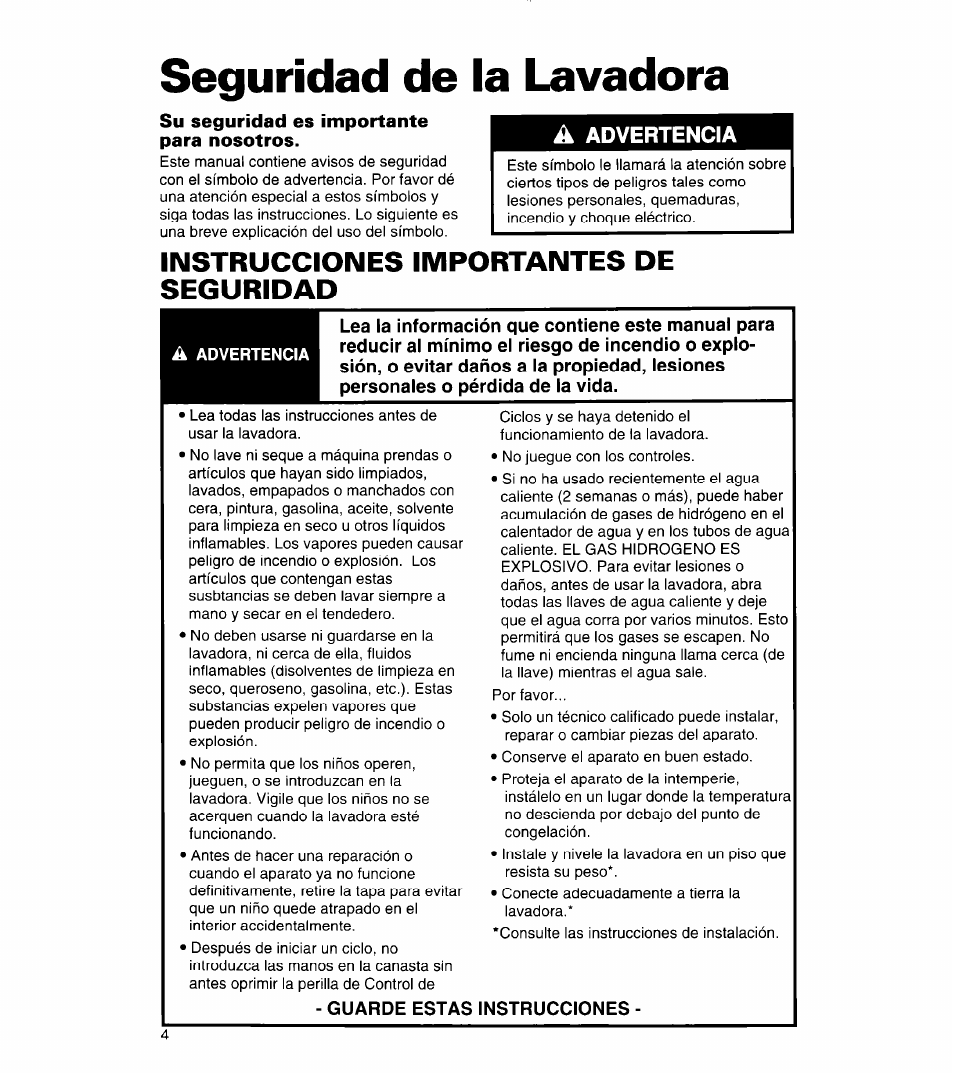 Seguridad de la lavadora, Instrucciones importantes de seguridad | Whirlpool 3366859 User Manual | Page 26 / 56