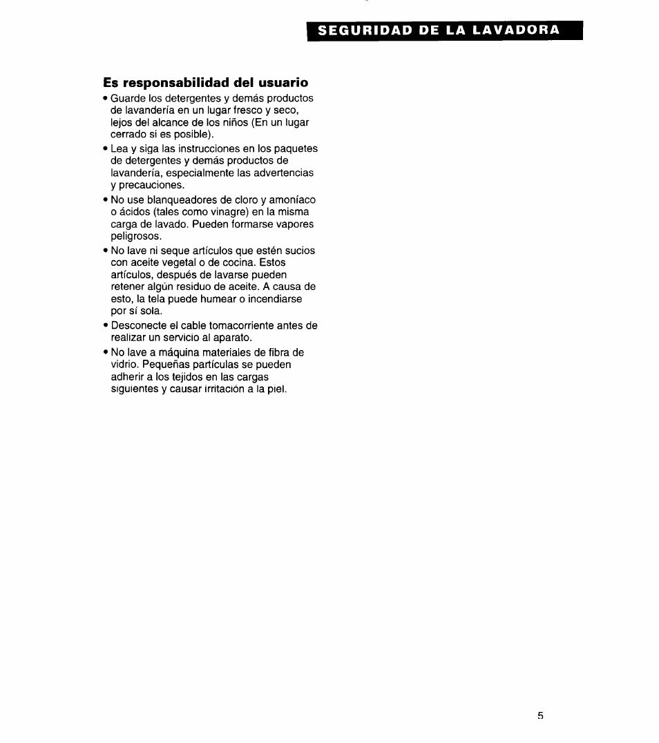 Seguridad de la lavadora, Es responsabilidad del usuario | Whirlpool 3366859 User Manual | Page 27 / 56