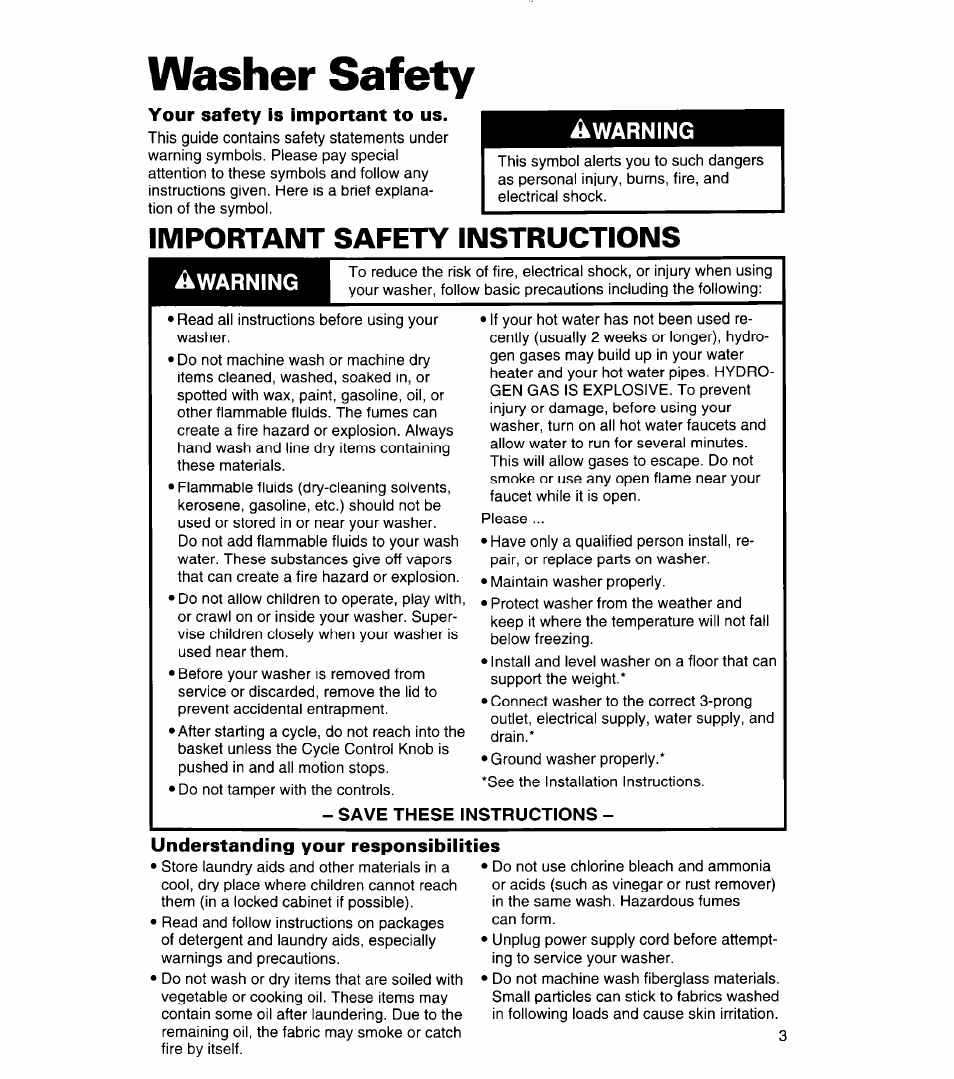 Washer safety, Your safety is important to us, Save these instructions | Understanding your responsibilities, Important safety instructions | Whirlpool 3366859 User Manual | Page 3 / 56