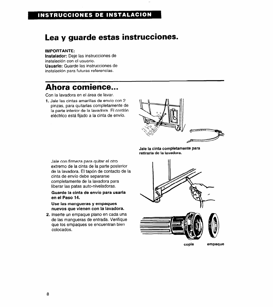 Lea y guarde estas instrucciones, Ahora comience | Whirlpool 3366859 User Manual | Page 30 / 56