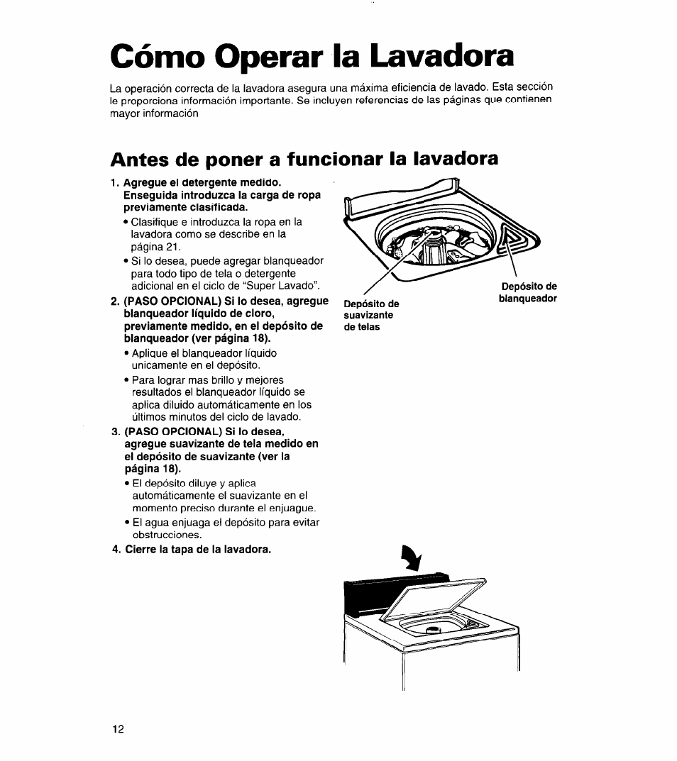 Cómo operar la lavadora, Antes de poner a funcionar la lavadora | Whirlpool 3366859 User Manual | Page 34 / 56