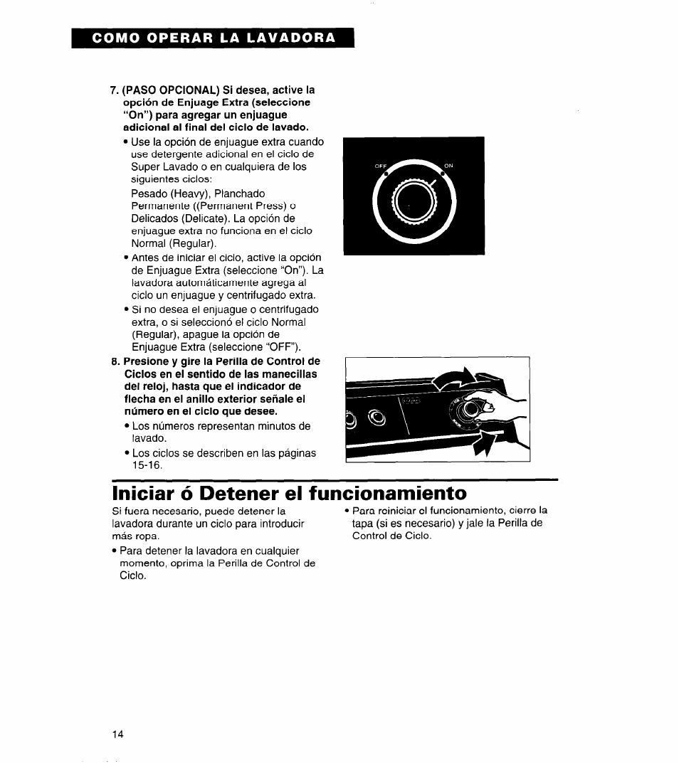 Iniciar ó detener el funcionamiento | Whirlpool 3366859 User Manual | Page 36 / 56