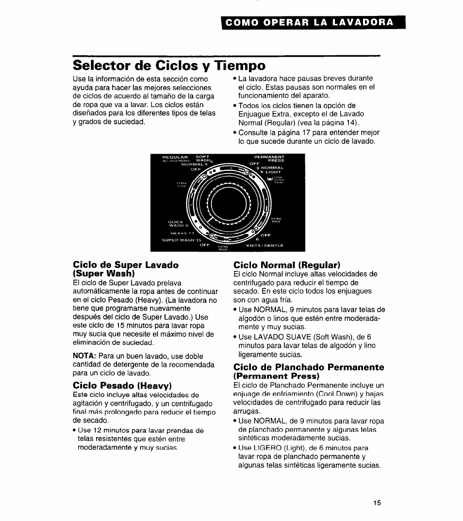 Selector de ciclos y tiempo, Ciclo de super lavado (super wash), Ciclo pesado (heavy) | Ciclo normal (regular), Ciclo de planchado permanente (permanent press), Nota | Whirlpool 3366859 User Manual | Page 37 / 56