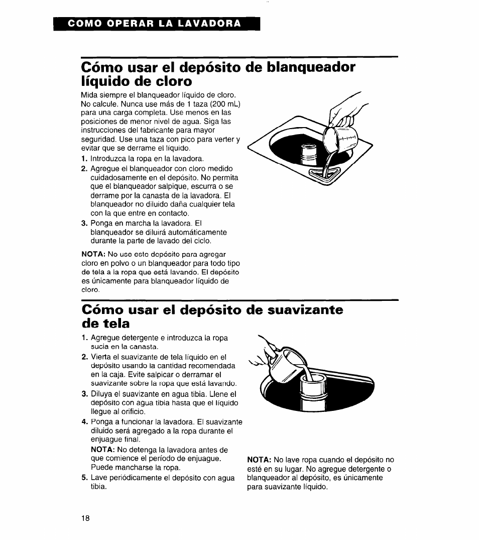 Cómo usar el depósito de suavizante de tela, Nota | Whirlpool 3366859 User Manual | Page 40 / 56