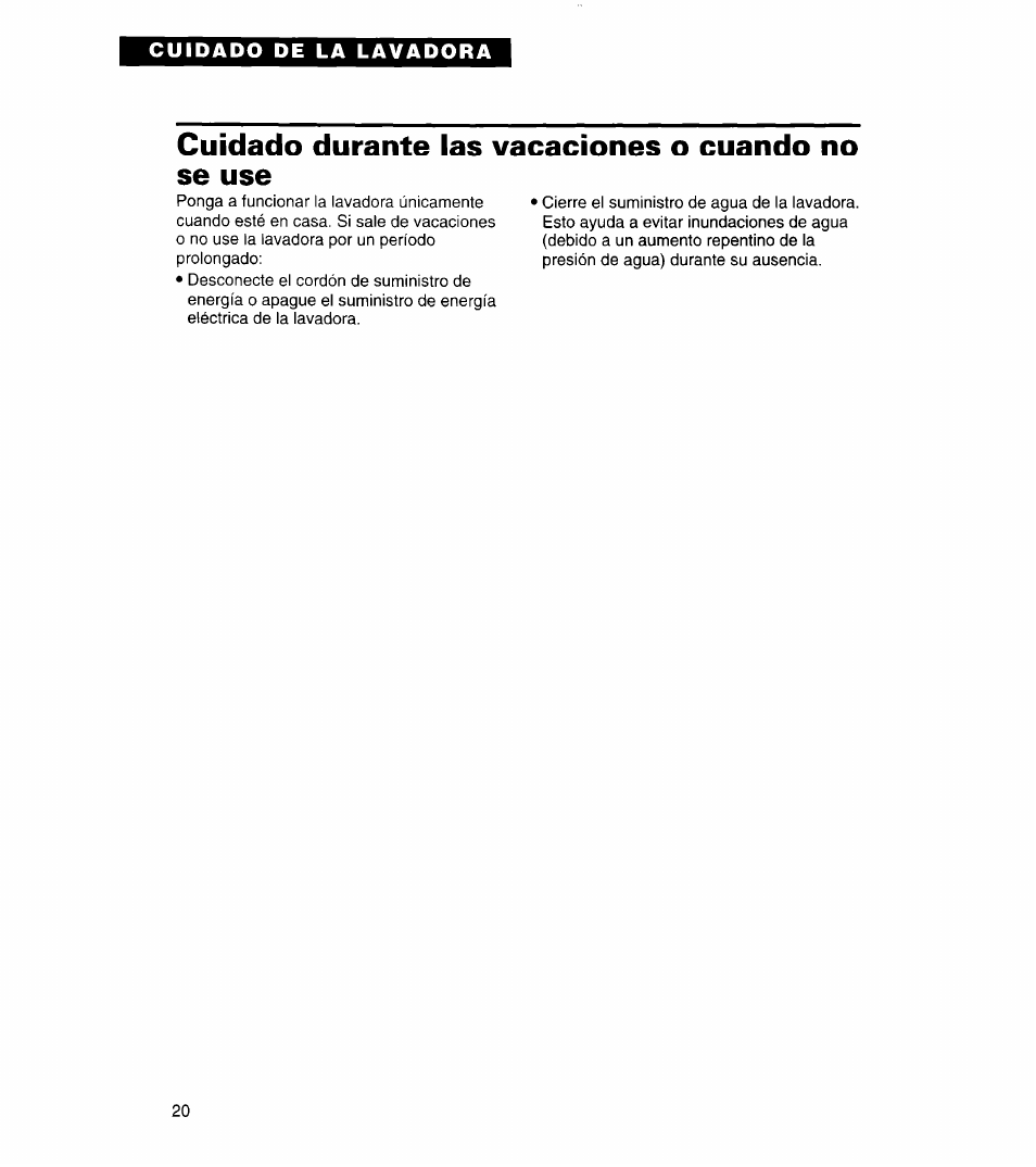 Cuidado durante las vacaciones o cuando no, Se use, Cuidado durante las vacaciones o cuando no se use | Whirlpool 3366859 User Manual | Page 42 / 56