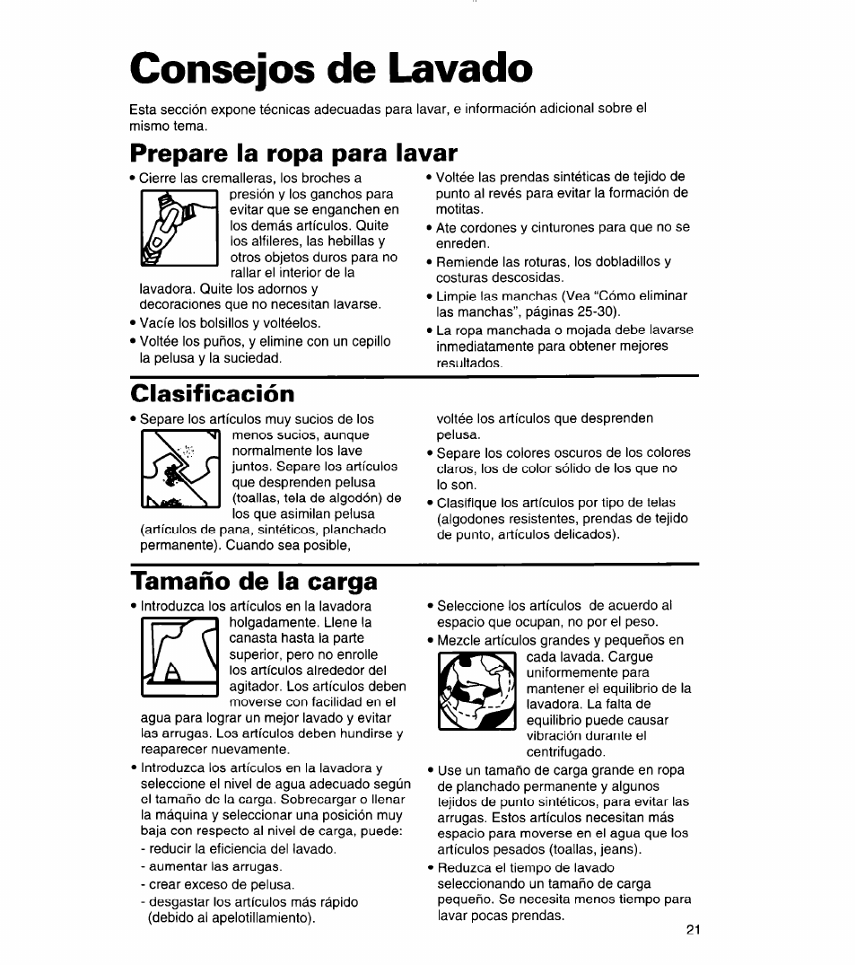 Consejos de lavado, Prepare la ropa para lavar, Clasificación | Tamaño de la carga | Whirlpool 3366859 User Manual | Page 43 / 56