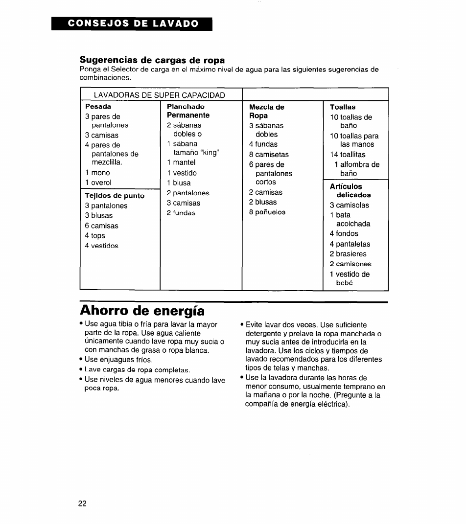 Sugerencias de cargas de ropa, Ahorro de energía, Pesada planchado mezcla de toallas | Permanente ropa, Artículos tejidos de punto, Delicados | Whirlpool 3366859 User Manual | Page 44 / 56