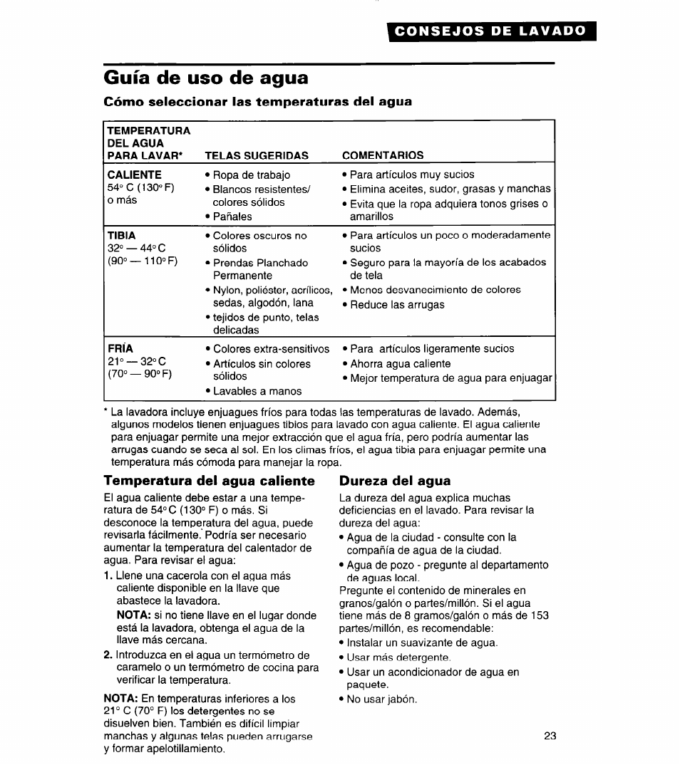 Guía de uso de agua, Cómo seleccionar las temperaturas del agua, Temperatura del agua caliente | Dureza del agua, Tibia, Fría | Whirlpool 3366859 User Manual | Page 45 / 56