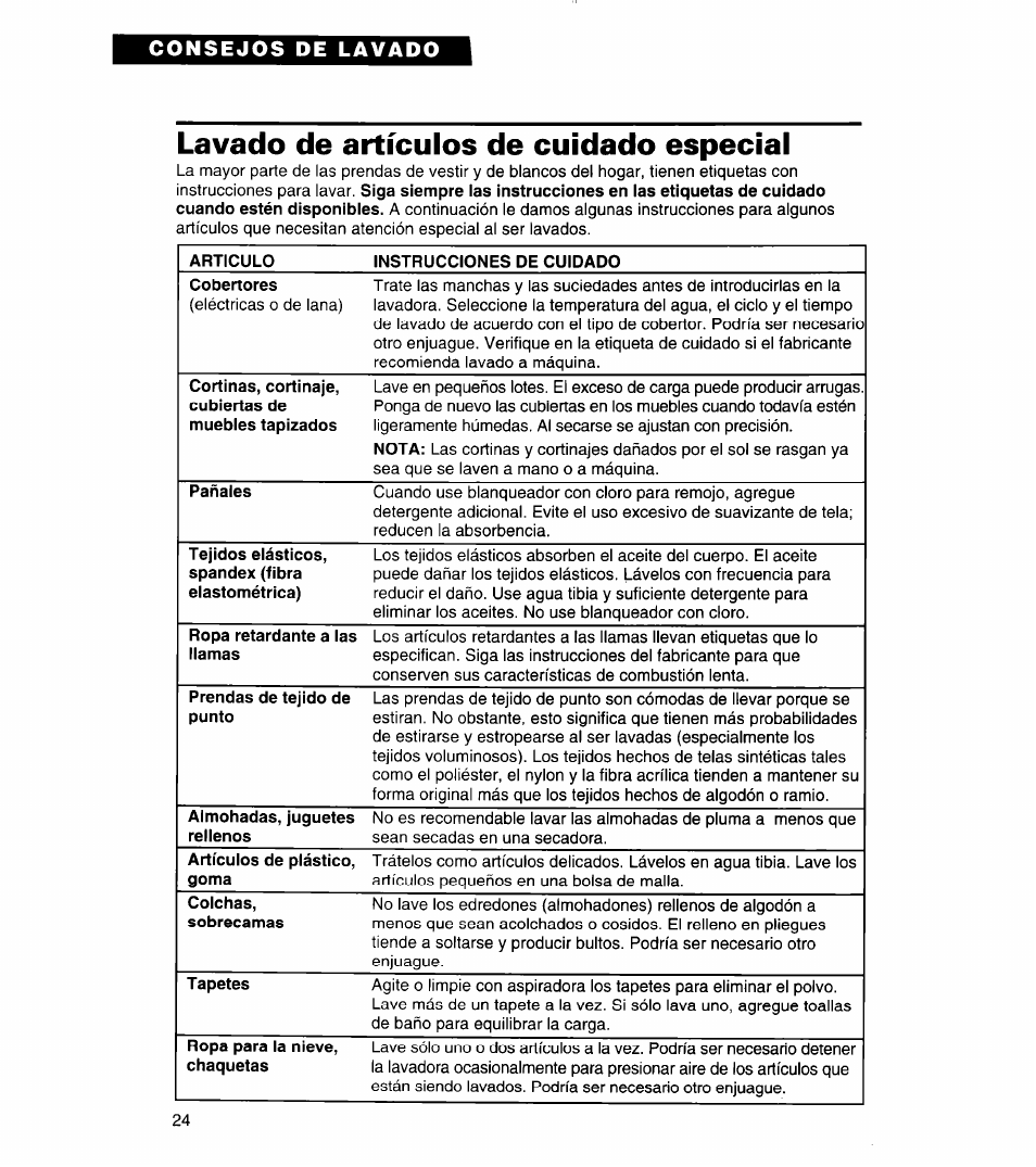 Lavado de artículos de cuidado especial, Articulo instrucciones de cuidado cobertores, Cortinas, cortinaje, cubiertas de | Muebles tapizados, Nota, Pañales, Tejidos elásticos, spandex (fibra elastométrica), Ropa retardante a las llamas, Prendas de tejido de punto, Almohadas, juguetes rellenos | Whirlpool 3366859 User Manual | Page 46 / 56