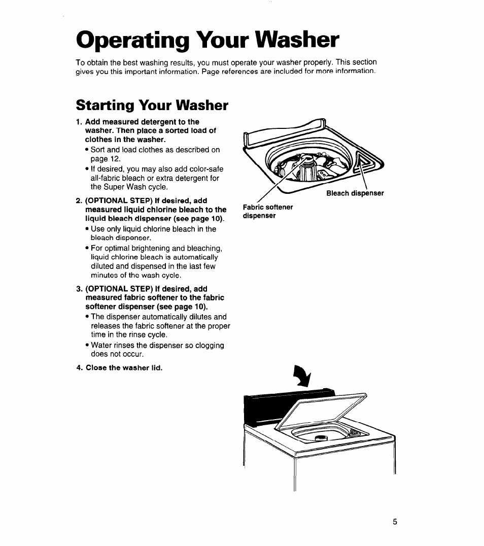 Operating your washer, Starting your washer | Whirlpool 3366859 User Manual | Page 5 / 56