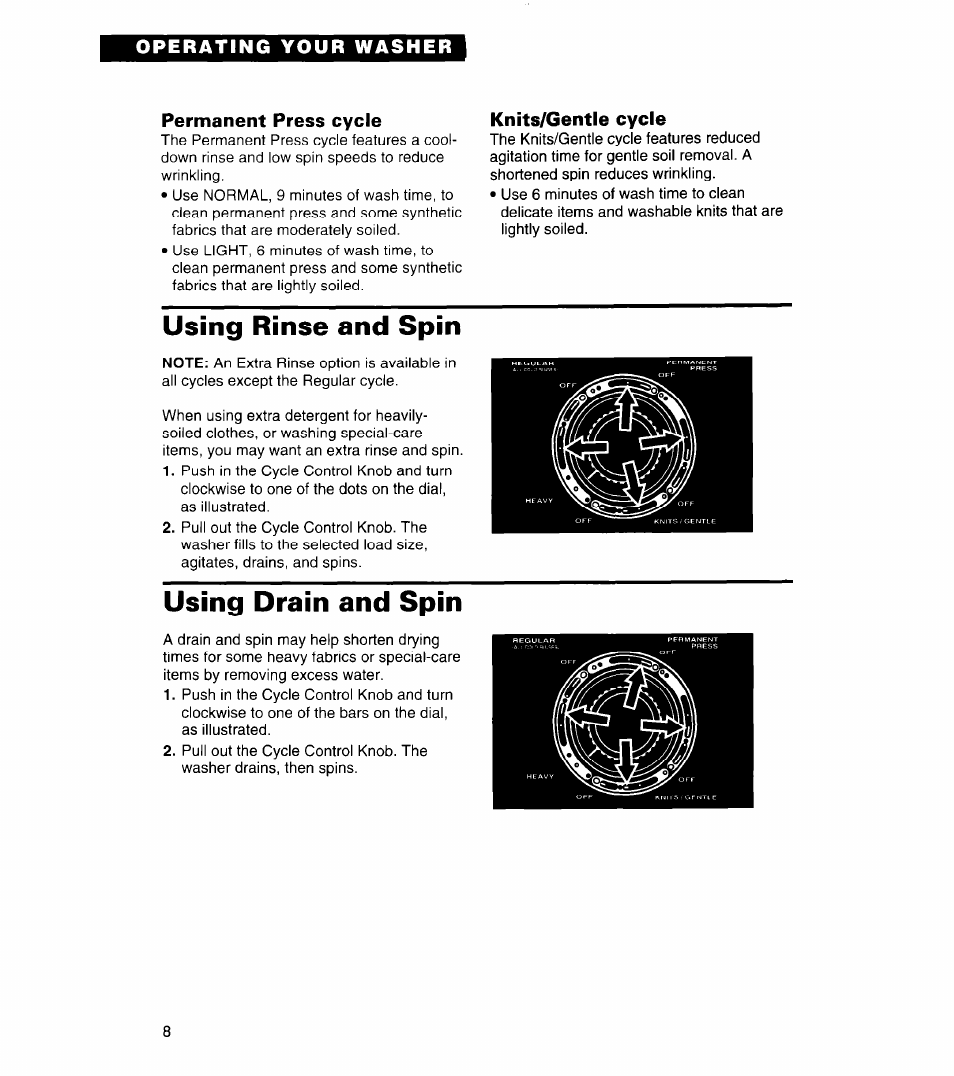Permanent press cycle, Knits/gentle cycle, Using rinse and spin | Using drain and spin | Whirlpool 3366859 User Manual | Page 8 / 56