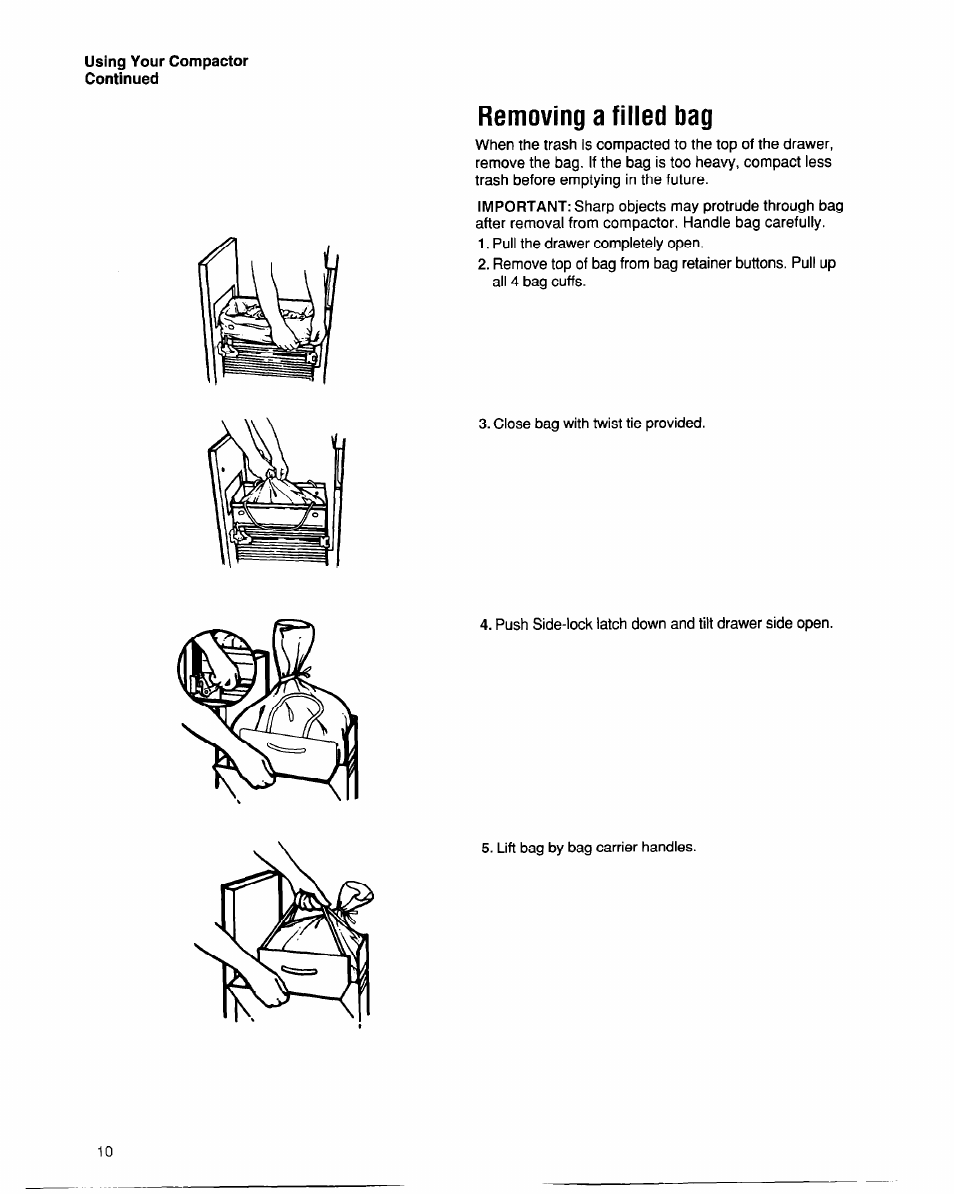 Removing a filled bag | Whirlpool 220-240~volt User Manual | Page 11 / 18