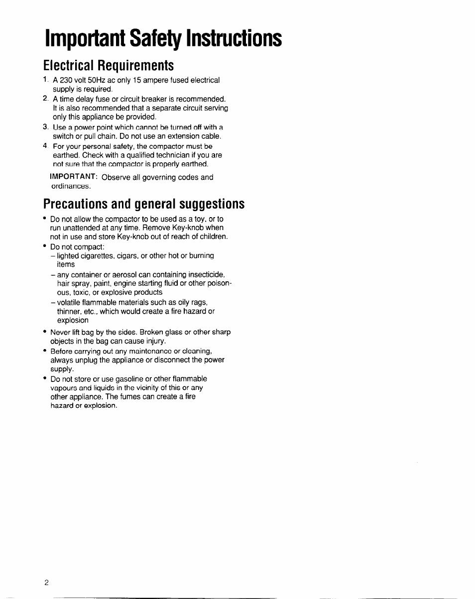 Important safety instructions, Electrical requirements, Precautions and general suggestions | Whirlpool 220-240~volt User Manual | Page 3 / 18