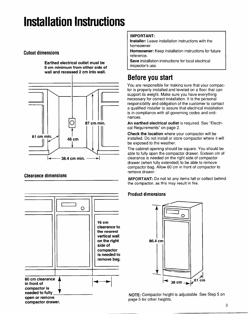 Installation instructions, Important, 16 cm | Instaiiation instructions, Before you start | Whirlpool 220-240~volt User Manual | Page 4 / 18