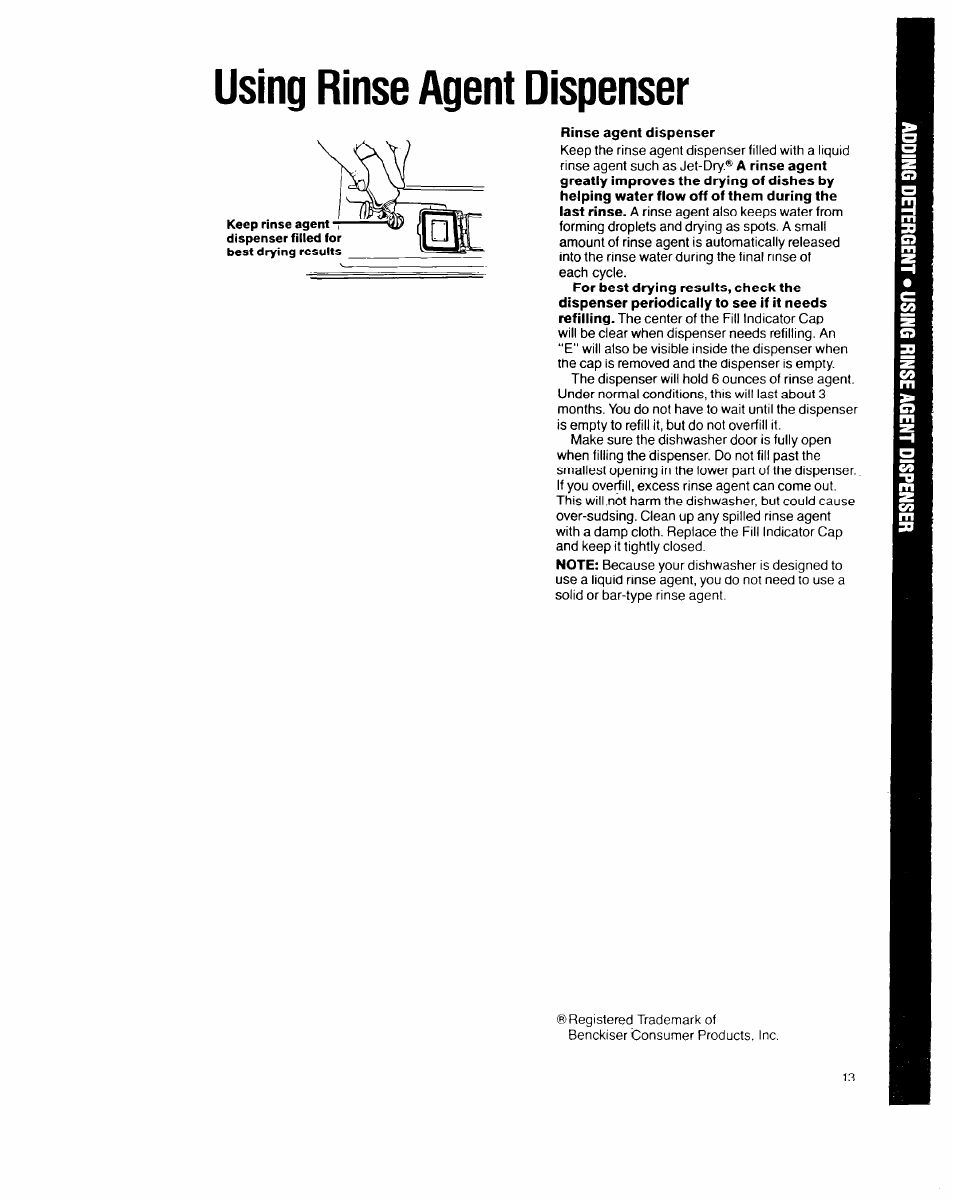 Using rinse agent dispenser | Whirlpool 8700 Series User Manual | Page 13 / 24