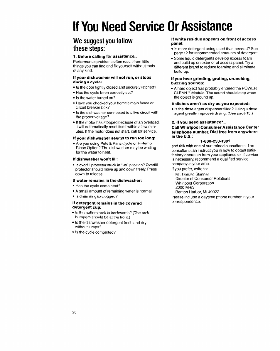 If you need service or assistance, We suggest you follow these steps | Whirlpool 8700 Series User Manual | Page 20 / 24