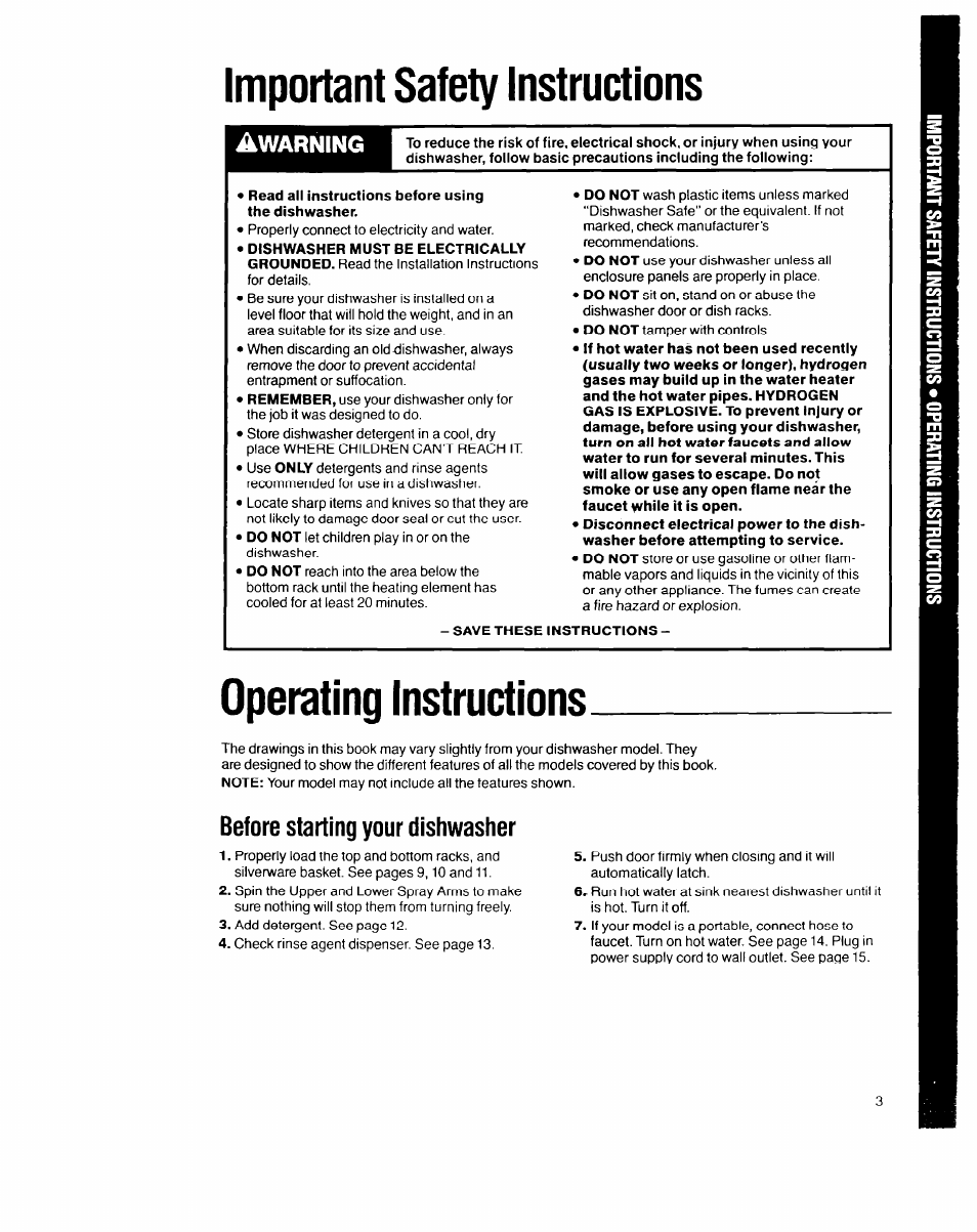 Important safety instructions, Operating instructions, Warning | Before starting your dishwasher | Whirlpool 8700 Series User Manual | Page 3 / 24