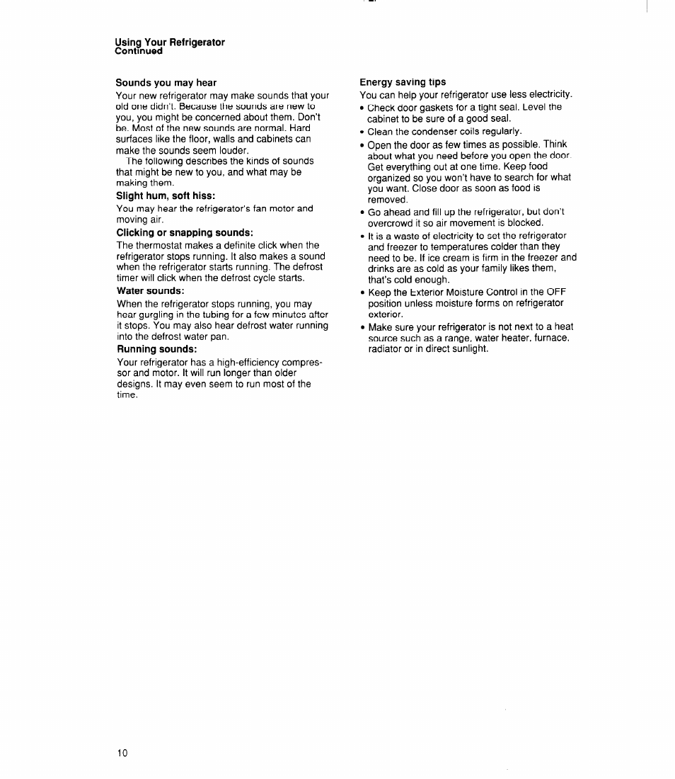 Sounds you may hear, Energy saving tips | Whirlpool 6ET18RK User Manual | Page 10 / 16